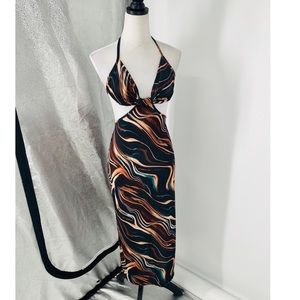 Marble Print Sleeveless Halter Neck V-Neck Backless Side Slit Cutout Midi Dress